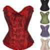 Floral lace corset top in red with ribbon details and button closure, ideal for stylish outfits