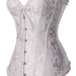 Elegant floral lace corset top in white with ruffled edges and button details for a feminine look