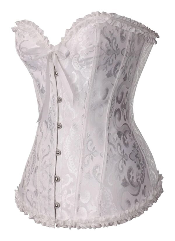 Floral Lace Corset Top In Vibrant Colors 1 Floral Lace Corset Top In Vibrant Colors Elegant floral lace corset top in white with ruffled edges and button details for a feminine look