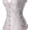 Elegant white floral lace corset top with adjustable hook closure and ruffled trim