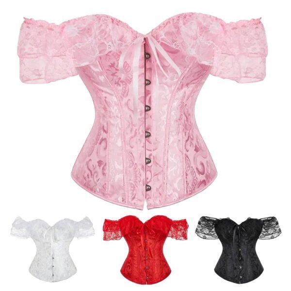 Floral Lace Off Shoulder Corset Top 17 Floral Lace Off Shoulder Corset Top Floral lace off shoulder corset top in pink, white, red, and black with lace sleeves and button details