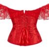 Floral lace off shoulder corset top in red with a lace overlay and adjustable ribbon tie