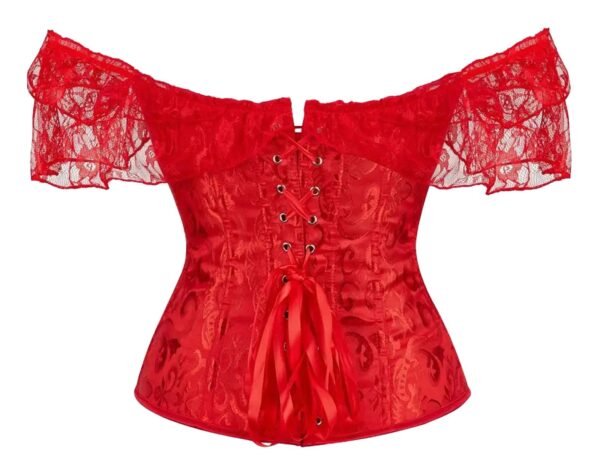 Floral Lace Off Shoulder Corset Top 18 Floral Lace Off Shoulder Corset Top Floral lace off shoulder corset top in red with a lace overlay and adjustable ribbon tie