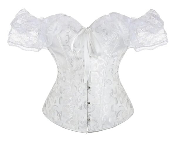 Floral Lace Off Shoulder Corset Top 23 Floral Lace Off Shoulder Corset Top LuckeLadybug LLC floral lace off shoulder corset top in white with elegant puff sleeves