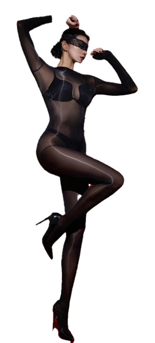 Glossy Transparent Bodysuit For Women 45 Glossy Transparent Bodysuit For Women Glossy transparent bodysuit for women with long sleeves and sheer design for a fashionable look