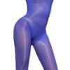 Glossy transparent bodysuit for women in blue, featuring long sleeves and a form-fitting design