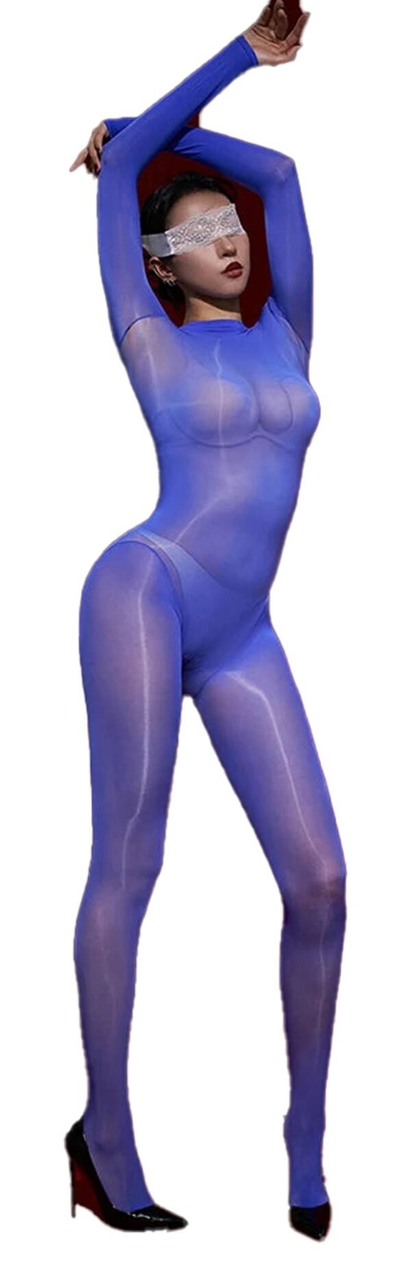 Glossy Transparent Bodysuit For Women 40 Glossy Transparent Bodysuit For Women Glossy transparent bodysuit for women in blue, featuring long sleeves and a form-fitting design