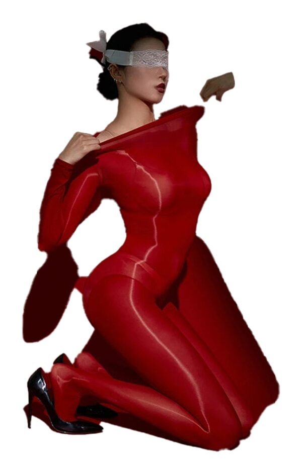 Glossy Transparent Bodysuit For Women 33 Glossy Transparent Bodysuit For Women Glossy transparent bodysuit for women in red, accentuating curves with long sleeves and fitted design