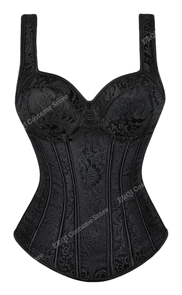 Elegant black gothic corset dress for women with intricate floral patterns and structured bodice