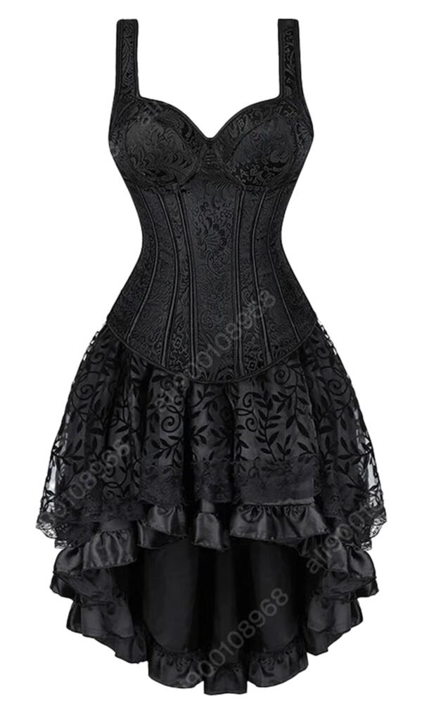 Elegant gothic corset dress for women featuring a structured bodice and layered lace skirt