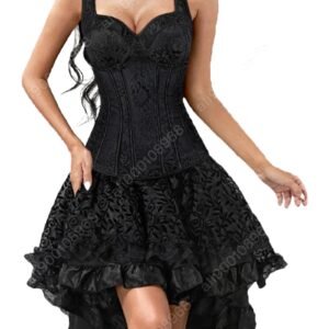 Elegant LuckeLadybug gothic corset dress for women with a ruffled hem and intricate floral design