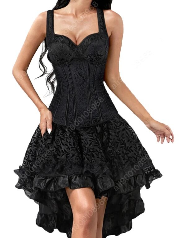 Elegant LuckeLadybug gothic corset dress for women with a ruffled hem and intricate floral design
