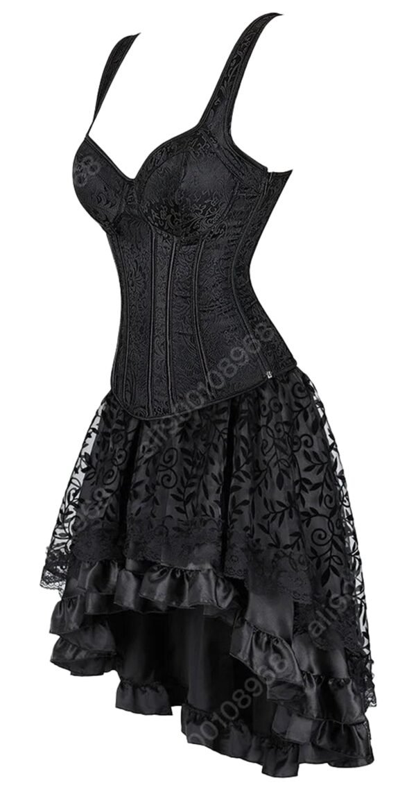 Elegant black gothic corset dress for women with lace details and ruffled hemline