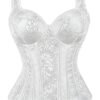 Elegant white gothic corset dress for women with intricate lace pattern and structured silhouette