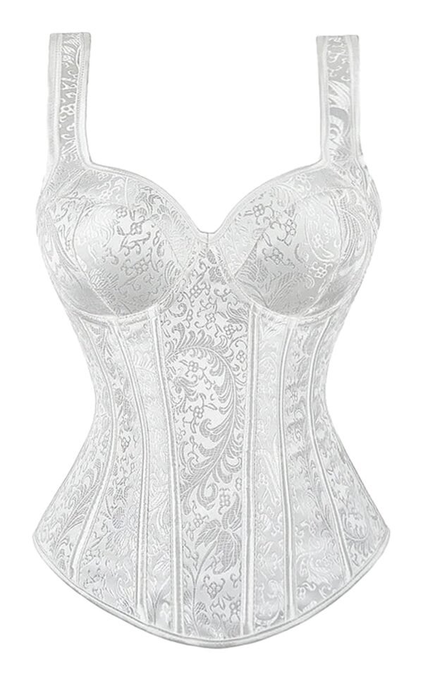 Elegant white gothic corset dress for women with intricate lace pattern and structured silhouette