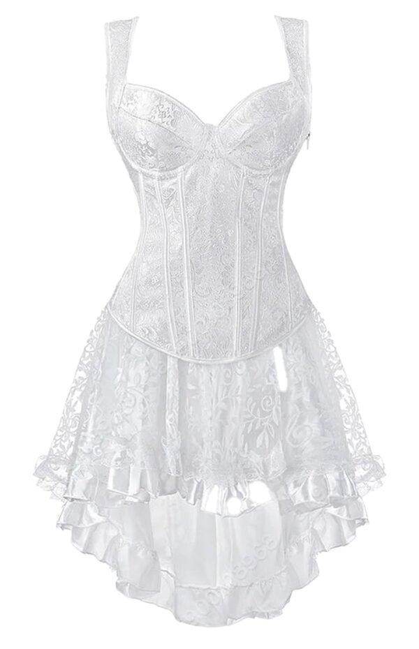 Elegant white gothic corset dress for women with lace details and a flowing high-low skirt