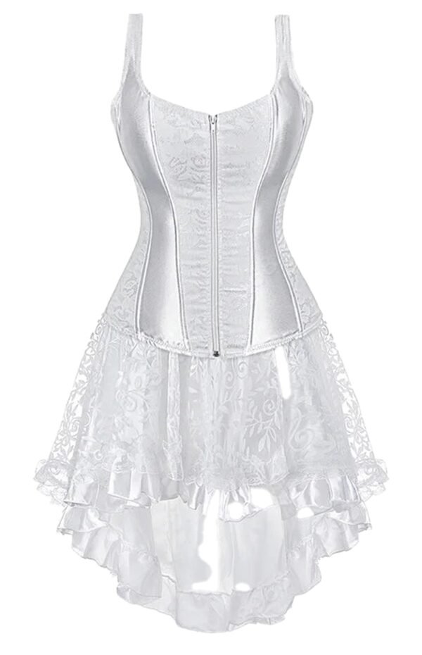 White gothic corset dress for women with intricate lace and a layered ruffled hem