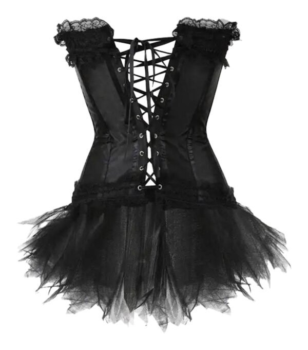 Black gothic corset dress with skirt featuring lace-up back and tulle details for a dramatic look