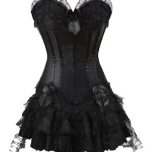 LuckeLadybug gothic corset dress with skirt featuring lace details and a ruffled hem