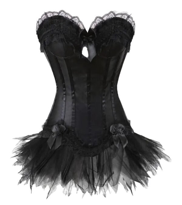 LuckeLadybug LLC Gothic corset dress with skirt featuring lace trim and tulle overlay for a dramatic look