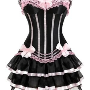 Elegant gothic corset tutu dress plus size with lace and ribbon detailing in black and pink