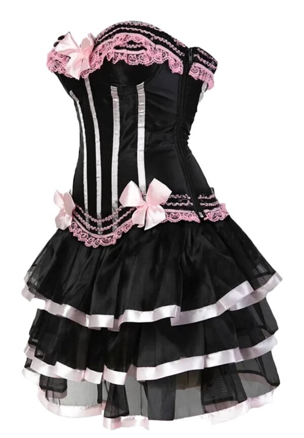 LuckeLadybug LLC gothic corset tutu dress plus size with pink lace and bow details in black