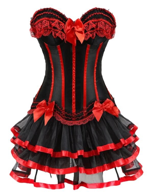 Elegant gothic corset tutu dress plus size in black and red with lace and bow details