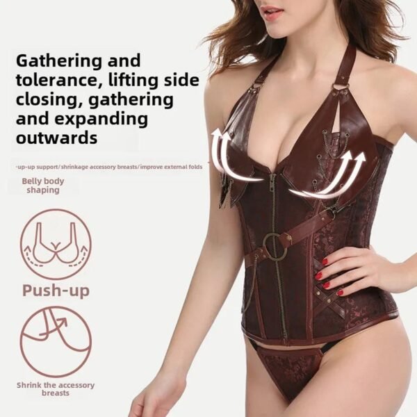 Gothic Court Corset Top With Chains 24 Gothic Court Corset Top With Chains Gothic court corset top in brown with supportive design for shaping and enhancing the figure