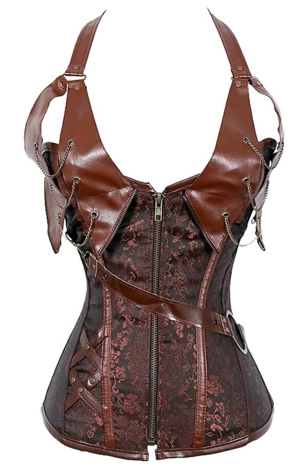 Gothic Court Corset Top With Chains 33 Gothic Court Corset Top With Chains LuckeLadybug LLC gothic court corset top in brown with intricate lace design and stylish straps