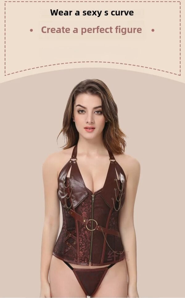 Gothic Court Corset Top With Chains 29 Gothic Court Corset Top With Chains Gothic court corset top in burgundy with adjustable straps and zipper for a flattering silhouette