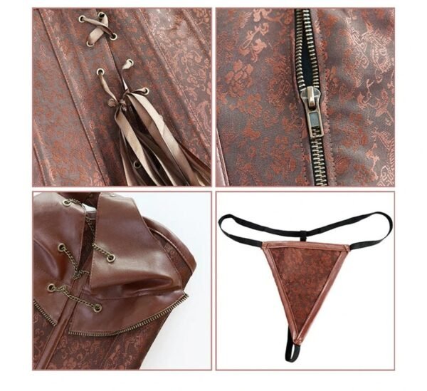 Gothic Court Corset Top With Chains 26 Gothic Court Corset Top With Chains Gothic court corset top in brown with detailed lace pattern and front zipper for a stylish fit