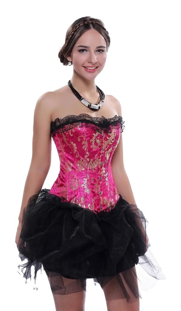 Gothic Lace Corset For Women Elegant Design 20 Gothic Lace Corset For Women Elegant Design LuckeLadybug LLC Gothic lace corset for women in pink and black with a fitted design and layered tulle skirt