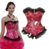 Elegant pink and gold gothic lace corset for women with intricate design and black trim