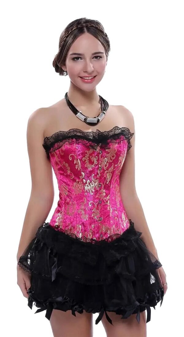 Gothic Lace Corset For Women Elegant Design 23 Gothic Lace Corset For Women Elegant Design Pink Gothic Lace Corset for Women with Black Ruffled Skirt and Elegant Design