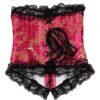 LuckyLadybug women's gothic lace corset in pink and black with intricate lace detailing and ribbon ties