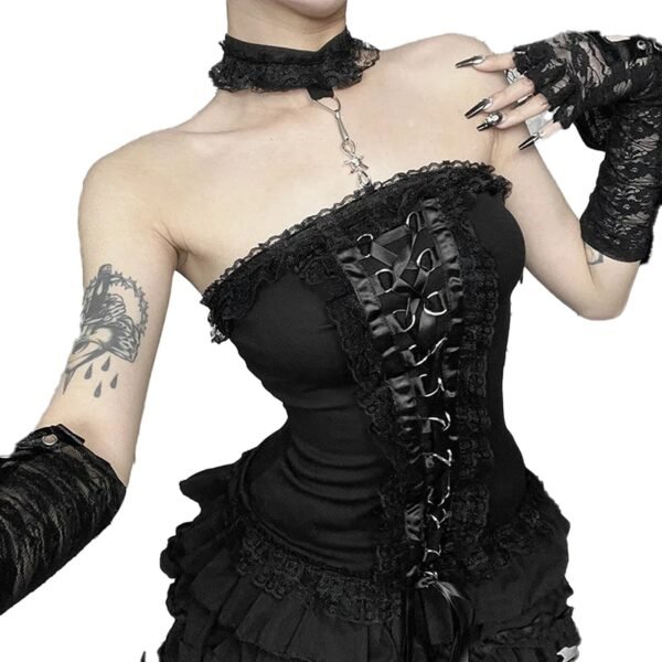 Gothic Lace Strapless Corset Top 46 Gothic Lace Strapless Corset Top Gothic lace strapless corset top featuring intricate detailing and stylish ruffles from LuckeLadybug LLC