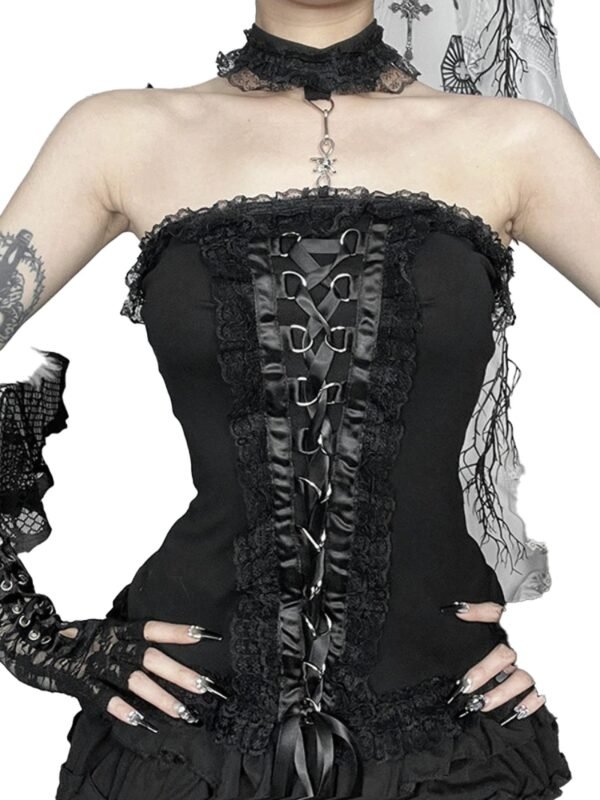 Gothic Lace Strapless Corset Top 42 Gothic Lace Strapless Corset Top Gothic lace strapless corset top with lace trim and front lace-up detail from LuckeLadybug LLC