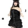 Gothic lace strapless corset top featuring intricate detailing and a layered ruffled skirt