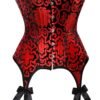 Gothic red burlesque corset top with intricate lace trim and satin bows for a dramatic look