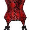 Gothic red burlesque corset top with black lace trim and satin bow details for a dramatic look