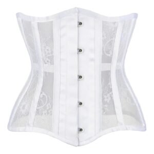 White gothic underbust corset for women featuring lace panels and a sleek design