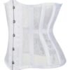 Stylish white gothic underbust corset for women featuring intricate lace design and secure button closure