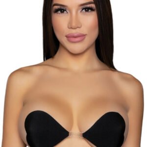 LuckeLadybug LLC black heart fabric nipple covers on model wearing strapless adhesive bra accessory