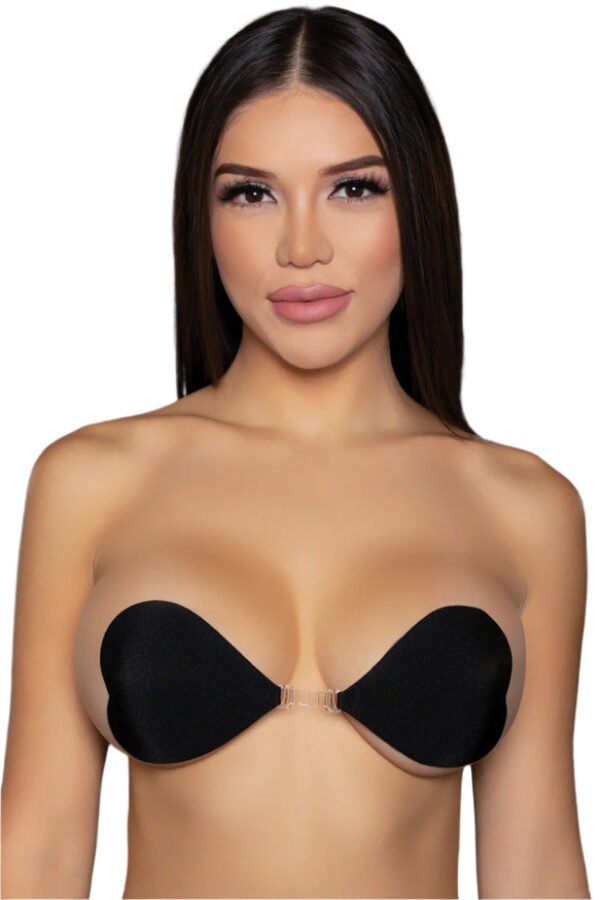 Heart Fabric Nipple Covers Bra Accessory 13 Heart Fabric Nipple Covers Bra Accessory LuckeLadybug LLC black heart fabric nipple covers on model wearing strapless adhesive bra accessory