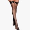 Hot pink bow fishnet thigh high stockings with stylish black bows at the top