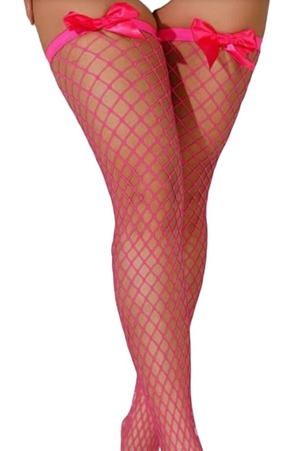 Hot Pink Bow Fishnet Thigh High Stockings 12 Hot Pink Bow Fishnet Thigh High Stockings Hot pink bow fishnet thigh high stockings with stylish bows for bold fashion statements