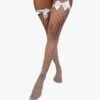 Hot pink bow fishnet thigh high stockings with white bows for a stylish and playful look