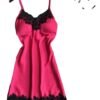 Pink babydoll with black lace trim, featuring an ice silk backless nightgown for women