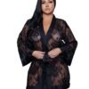 LuckeLadybug LLC plus size model wearing black floral lace robe with satin trim short sheer kimono style robe