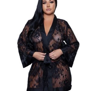 LuckeLadybug LLC plus size model wearing black floral lace robe with satin trim short sheer kimono style robe